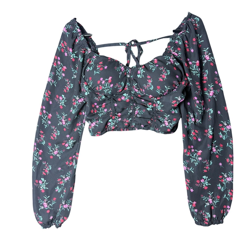 Madden NYC Womens XS Floral Crop Top‎ Long puff Sleeve Smocked peasant coquette